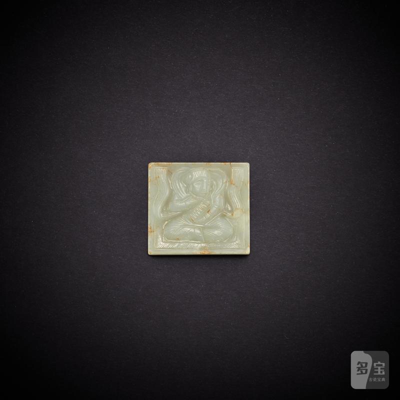 A white jade 'musician' plaque, Liao dynasty | 遼 白玉伎樂紋帶板